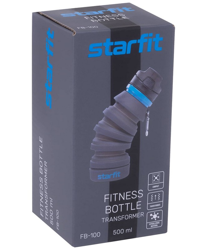Бутылка для воды складная Pro Star Fit с карабином FB-100 серый 665_800