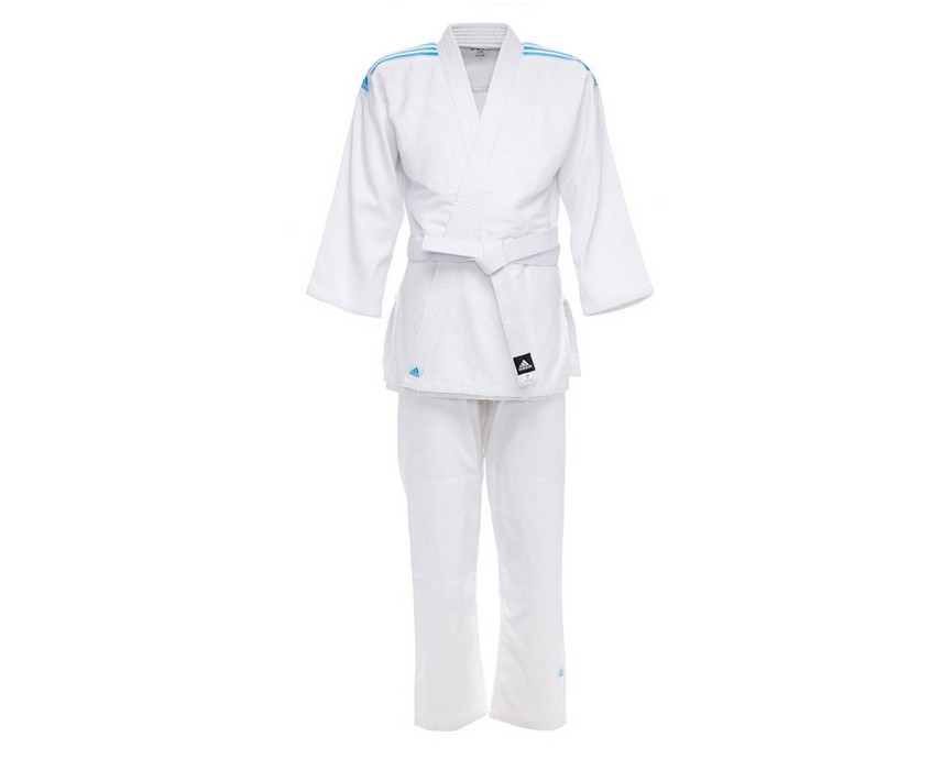 Кимоно для дзюдо с поясом Adidas Club белое с голубыми полосками J350-BELT 856_700